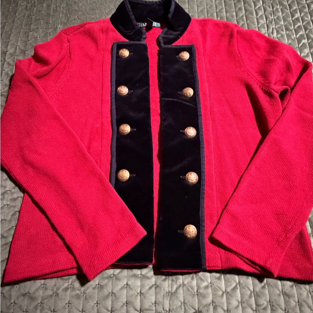 Lauren Ralph Lauren red knit military cardigan black velvet gold buttons XL VTG - Picture 3 of 8